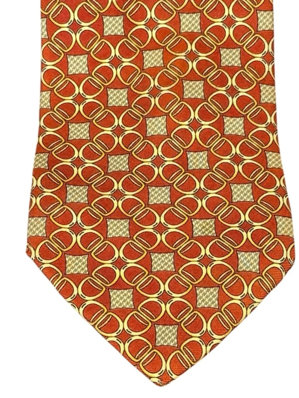 Paolo Gucci Vintage Silk Tie Rust Gold Ring Link Geometric Italy Crest Lining